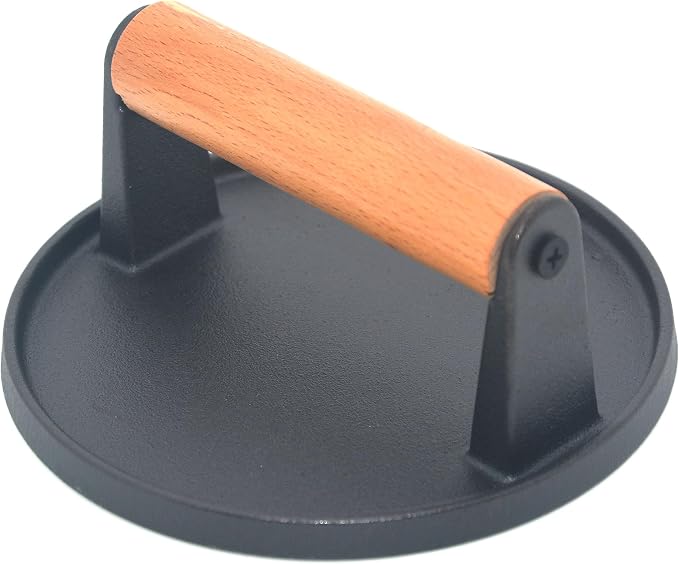 Kitchen Tools Heavy Duty Cast Iron Smash Burger Press Round Barbecue Meat Flat Press with Anti Scalding Wooden Handle with Handle for Griddle, Sandwich, Nonstick Pan