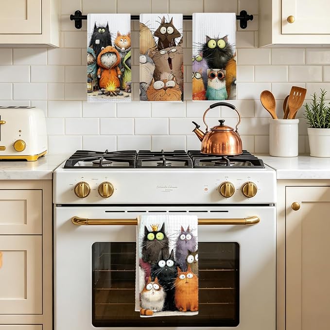 4 Pcs Cute Cat Kitchen Towels, Funny Cats Gifts Absorbent Hand Towels-03 | Cat Dish Cloths for Drying Dishes, Cats Waffle Dish Towels for Kitchen Home Bathroom Decor, Cat Lover Gifts for Women Mom