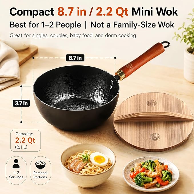 WANGYUANJI Carbon Steel Wok with Lid, 8.7" Small Mini Wok Pan, Thickened Heavy Duty Flat Bottom for Deep Frying, Camping & Solo Meals, Induction Ready, Seasoning Required
