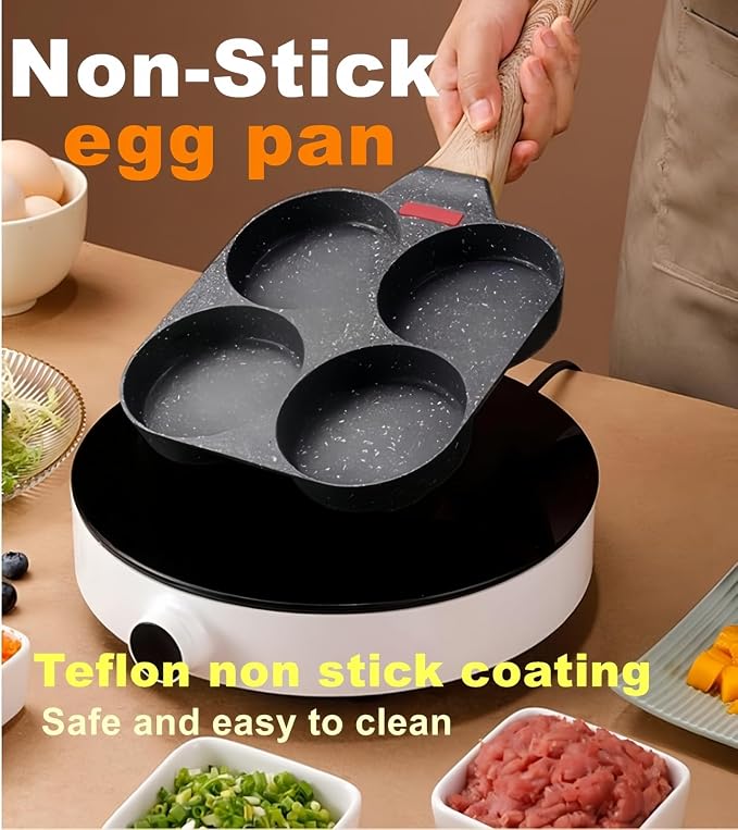 HUPECHAM Egg Pan With Lid 4-Cup Nonstick, and Healthy Granite Egg Frying Pan, Versatile Breakfast Skillet for Eggs, Pancakes, Plett, Crepes, Compatible with Gas Stove and Induction Cooktop