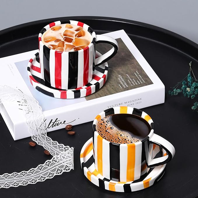 Espresso Cups Ceramic Coffee Mug Series European Striped Dot Coffee Cup And Saucer Mug Cake Plate Afternoon Tea Set Tea Cup And Saucer,Redblack