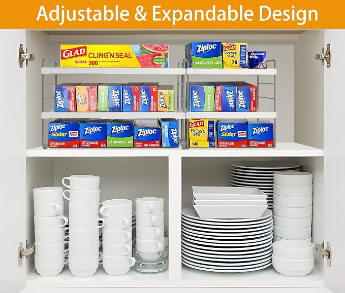 2 Pack Pantry Organization and Storage, Expandable Foil and Plastic Wrap Organizer, Adjustable Kitchen Wrap Organizer Rack for Cabinet, Foil Saran Wrap Holder Shelf for Sandwich Plastic Bags Box,
