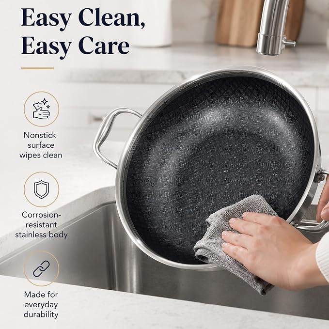 DELARLO 14 Inch Tri-Ply Stainless Steel Nonstick Wok Pan with Lid 6Qt Pot | Deep 6-quart wok heats quickly and evenly, works with induction, and is dishwasher and oven safe for everyday cooking
