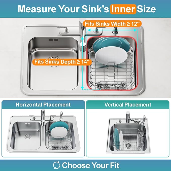 Small in Sink Dish Drying Rack - Stainless Steel for RV Kitchen | Compact Design for Apartments, Angled Corners Fit Square & Round Sinks, Utensil Holder, Cup Hooks, 1-2 Person, 11.6" x 13.4"
