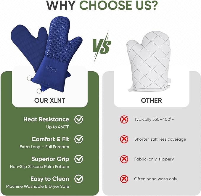 Xlnt Extra Long Oven Mitts (Blue) | Teflon EcoElite Water Repellent | Heat Resistant for Oven Cooking, Grill & BBQ | Non Slip Gloves with Teflon EcoElite Finish, Cotton Lining & Hanging Loop