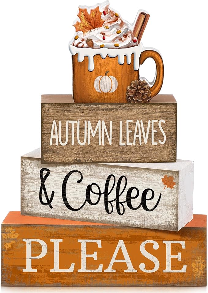 Lineshading 4 Pcs Fall Coffee Table Decor Fall Decor for Home Pumpkin Latte | Stackable Blocks for Coffee Bar, Thanksgiving Table Centerpiece, Rustic Farmhouse Home Decoration, Autumn Theme