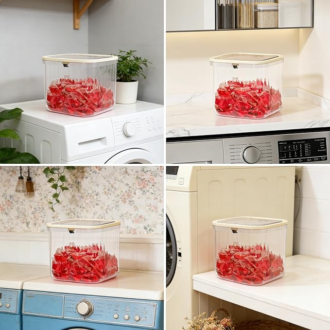 Gute Laundry Pod Holder with Pop-Up Lid,2L Container for Pods&Supplies | Push-Open Lid,Clear Ribbed Bod,Compact 2L Size,Holds 50-60 Pods,For Dishwasher Pods Too,Laundry Room & Under-Sink,No Pod