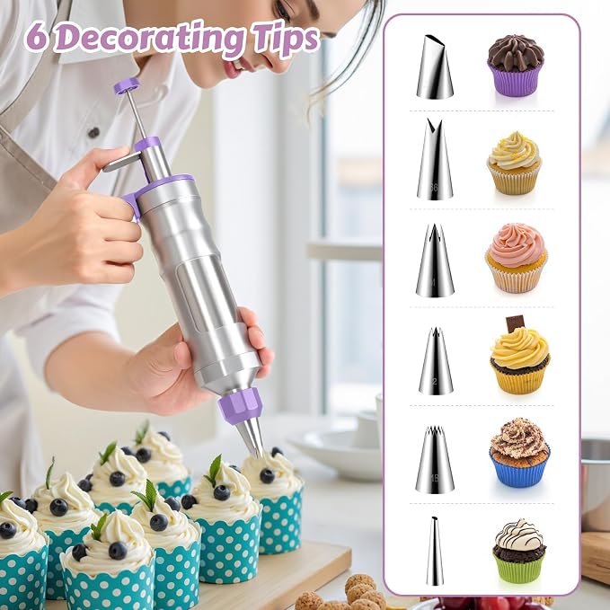 Dessert Decorating Syringe Set, Stainless Steel Frosting & Icing Piping Kit with 6 Tips and 9 Silicone Cupcakes,3 Cream Scraper for Cake Decorating Tools Cupcake Decorating Kit (Purple)