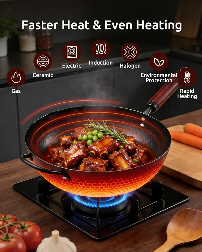 FGJ Wok Pan, Carbon Steel Wok, Woks & Stir-Fry Pans Nonstick, 13 Inch Wok Pan with Wooden Lid, Pre-Seasoned Carbon Steel Cookware, 5.8QT Flat Bottom Chinese Wok Pan, Compatible with All Cooktops