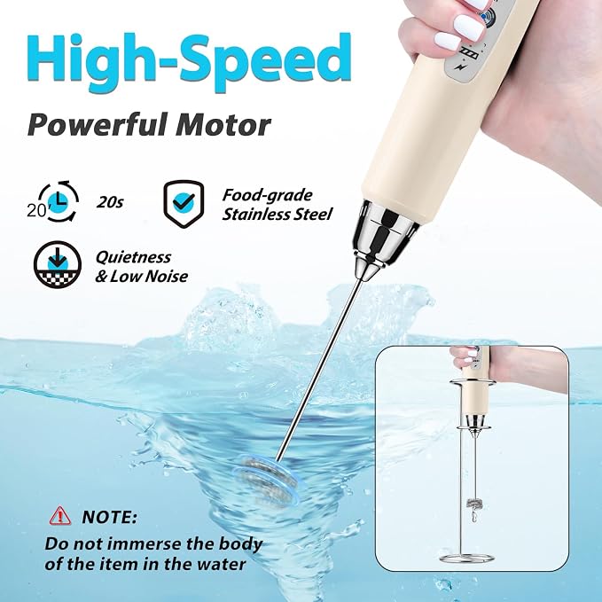 Milk Frother Wand Rechargeable Handheld Electric Whisk 3 Speed Adjustable | Coffee Frother Wand with 3 Stainless Whisks Electric Foam Maker Drink Mixer Blender for Latte Cappuccino Matcha Egg