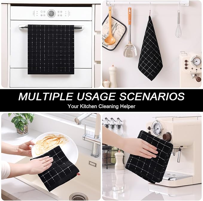 Homaxy Kitchen Towels and Dishcloths Set, Set of 10, Black | Bulk Cotton Terry Kitchen Towels, Checkered Designed, Soft and Super Absorbent Dish Towels, 12 x 12 and 13 x 28 Inches