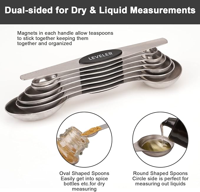Aovchei 7 PCS Black Magnetic Measuring Spoons Set | Dual Sided, Stainless Steel Small Tablespoon, Teaspoons, Fits in Spice Jars, for Dry and Liquid