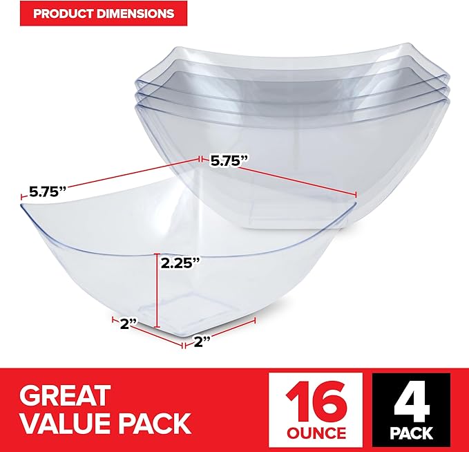 16oz Clear Plastic Serving Bowls (4 Pack) Small Disposable Candy Dishes, Square Plastic Buffet Containers for Chips, Snacks, Mints, Salad Bar, Snack Bowl Parties, Office, Bridal Shower, Party Supplies