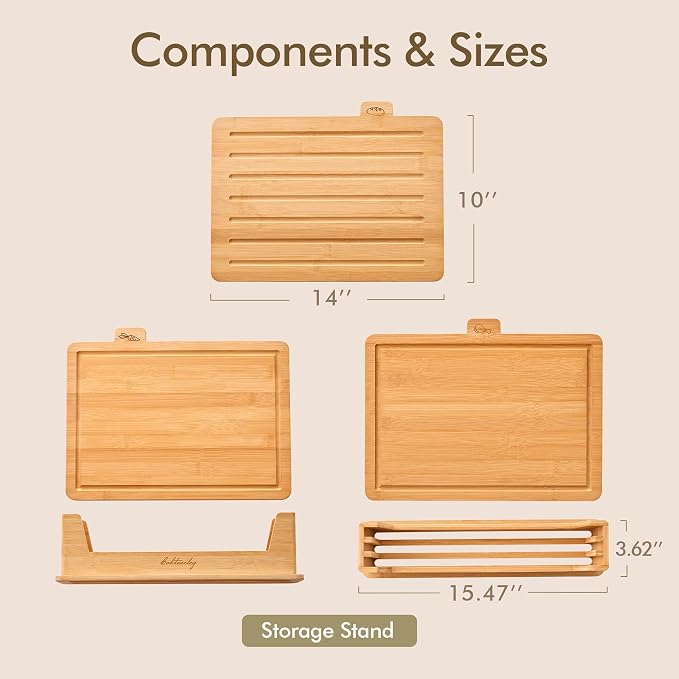 Bamboo Cutting Boards for Kitchen Set of 3, Large 14’’ x 10’’ with Holder, Wooden Cutting Board with Juice Groove & Labels for Meat Vegetables Bread