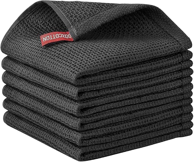 Nialnant 100% Cotton Kitchen Towels,6 Pack Waffle Weave Kitchen Dish Cloths,Absorbent Dish Towels Quick Drying Cleaning Rags-Black,12 x 12In