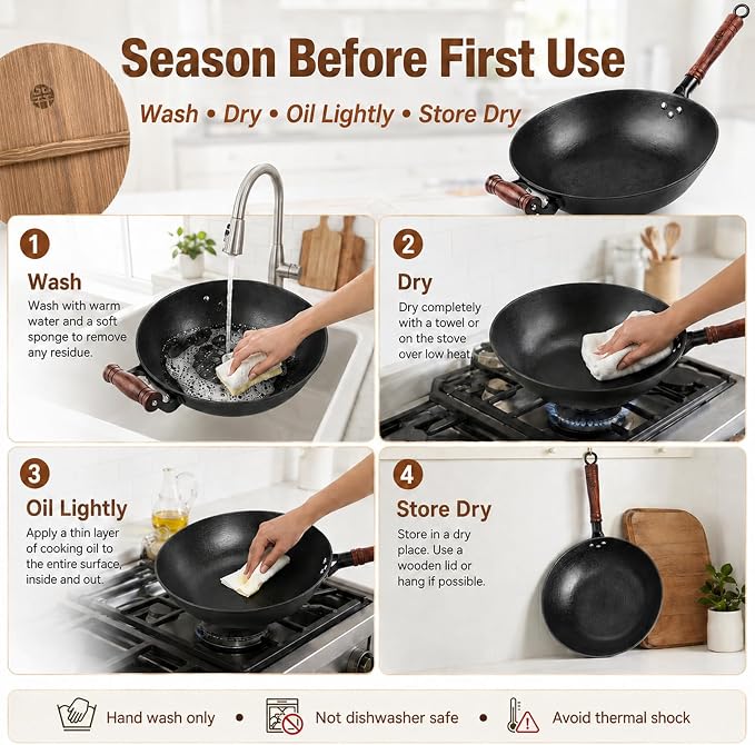 WANGYUANJI 12.6 Inch Cast Iron Wok with Wooden Lid, Handcrafted Flat Bottom Chinese Stir Fry Pan, Uncoated Heavy-Duty Iron Wok for Induction, Gas, Electric & Ceramic Stoves | Uncoated cast iron wok with wood lid for induction, gas and electric stoves; ...