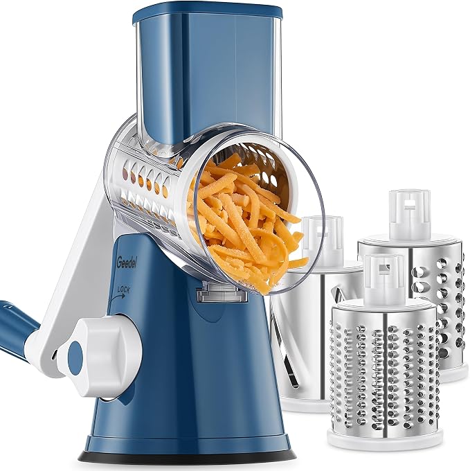Geedel Rotary Cheese Grater Hand Crank, Cheese Shredder Vegetable Slicer | 3 Blades, 430 Stainless Steel, 12x Fast Cutting, Strong Suction Base, No BPA, Dishwasher Safe, for Cheese, Veggie, Nut
