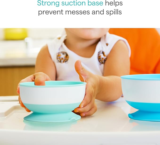 Munchkin Stay Put Suction Baby Bowls with Lids - Dishes for Babies and Toddlers, Self-Feeding Bowl Set for Kids 6+ Months, 3 Pack, Blue/Green