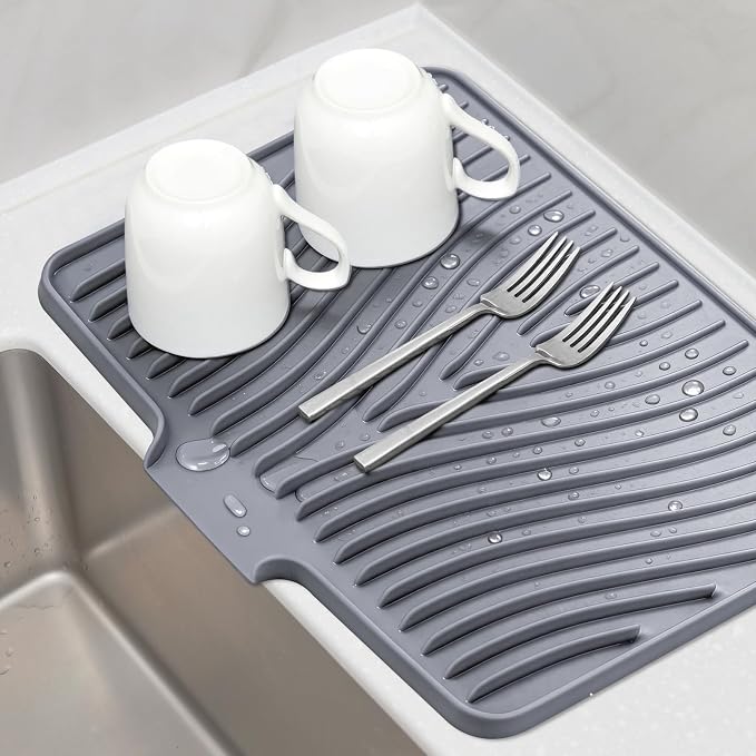 TIKNIK Silicone Dish Drying Mat for Kitchen Counter, Grey-1pcs, 20" x 15" | Heat Resistant & Non-Slip Dish Drain Pad with Built-In Drain, Dishwasher Safe, Quick-Dry, Hangable & Roll-Up for Storage