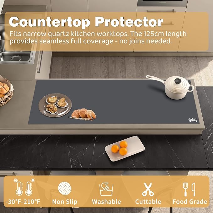 49.2" x 15.7" Large Silicone Mat for Kitchen Counter Protector, Cuttable | Silicon Countertop Protector Mat Heat Resistant Mats for Countertop, Cut to Fit Placemat Ship Roll by Foepoge, Dark Grey