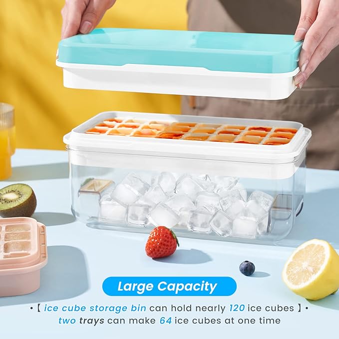 1" Ice Cube Tray with Lid and Bin, Easy Release 64 Cubes for Freezer | Food-grade BPA-free PP and ABS. 1" x 64pcs ice cubes for fruit whiskey, cocktails. Space-saving, stackable with scoop