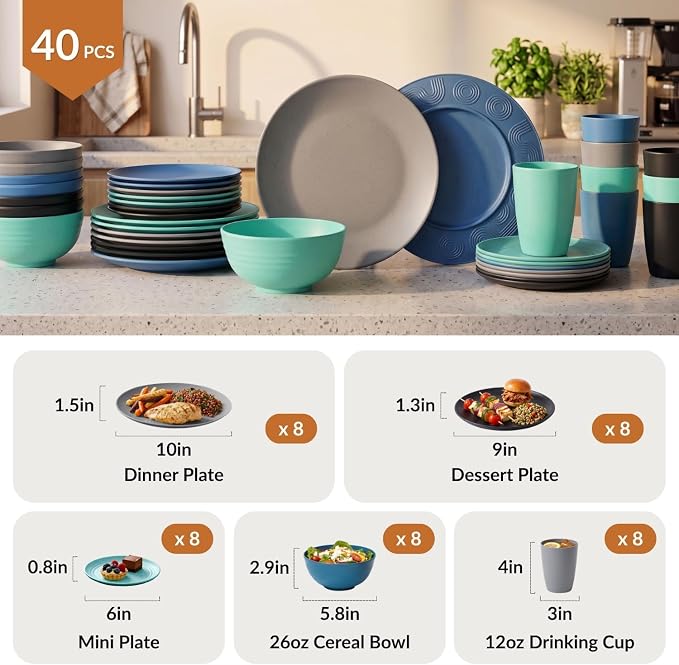 40 Piece Premium Wheat Straw Dinnerware Sets for 8 Unbreakable Plates and Bowls Sets Microwave and Dishwasher Safe Dinner Plates Set Camping, Apartment, Kids, Outdoor, RV, Party-Nightscape