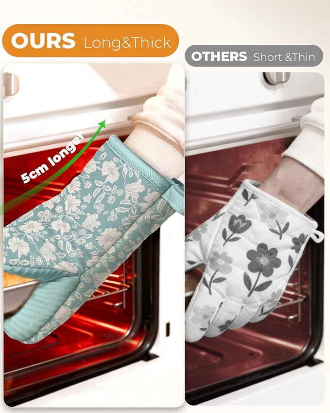 100% Thick Cotton Mini Oven Mitts Silicone Grip Chic Blue Floral | Elegant Classic Oven Mitts for Women, Machine Washable, Non-Slip, Reversible Design Fits Both Hands, Stylish Kitchen Decor