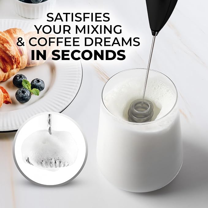 Zulay Kitchen Powerful Milk Frother Wand With Duracell Batteries - Ultra Fast Handheld Drink Mixer - Electric Whisk Foam Maker for Coffee, Lattes, Cappuccino & Matcha - Triple Whisk - Midnight Elite