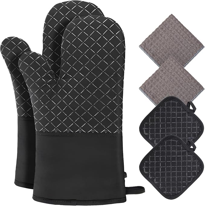 Philorn Oven Mitts and Pot Holders Kitchen Oven Glove | High Heat Resistant 260℃ Extra Long Oven Mitts and Potholder with Non-Slip Silicone Surface for Baking, Cooking, BBQ (Black)