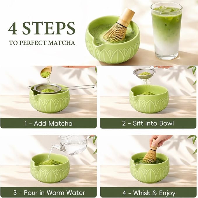 Matcha Whisk Set, Ceramic Matcha Set Includes Bowl & Holder, Bamboo Whisk (Chasen), Scoop, Spoon and Sifter, 6Pcs Matcha Kit Covers Everything Needed for Making Matcha (Leaf Green)