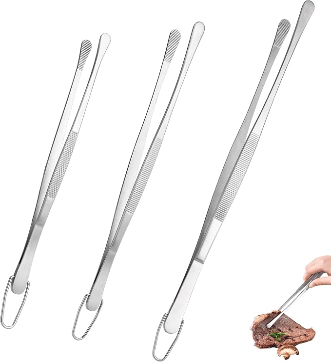 U-Taste Kitchen Cooking Tweezers, 18/8 Stainless Steel, 8+10+12in/Round Tip | Food-Grade Metal Food Tongs Set, Seamless-Welding, Long Professional Chef Tweezer for Plating Serving Grilling Frying Feeding