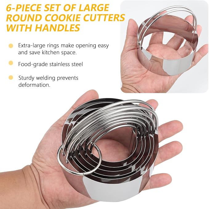 6 Pcs Large Cookie Cutters, Round Biscuit Cutter Set with Handle | (2-3.9 Inch) Dishwasher-Safe, Comfortable Grip, Professional Baking Dough Cutter Tools for Thick Dough, Biscuits & Fondant