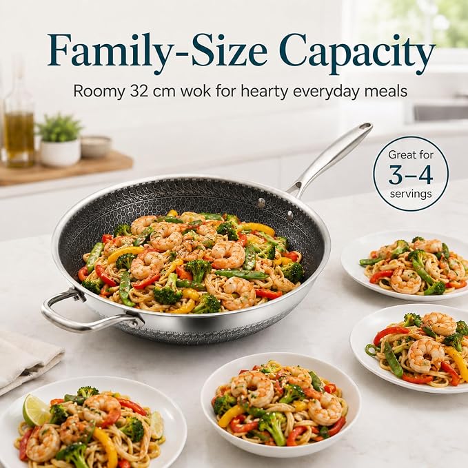 12.6 Inch Stainless Steel Honeycomb Wok Pan with Standing Glass Lid, Flat Bottom Stir Fry Pan for Induction, Gas & Electric Stoves, Physical Stick-Resistant Surface, Dishwasher Safe