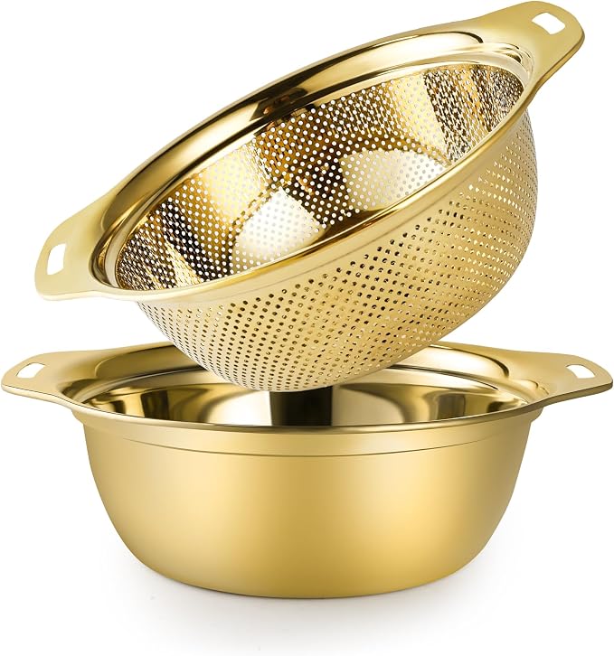 Gulex Colander Stainless Steel 5-quart with Bowls, Strainer Kitchen, Gold