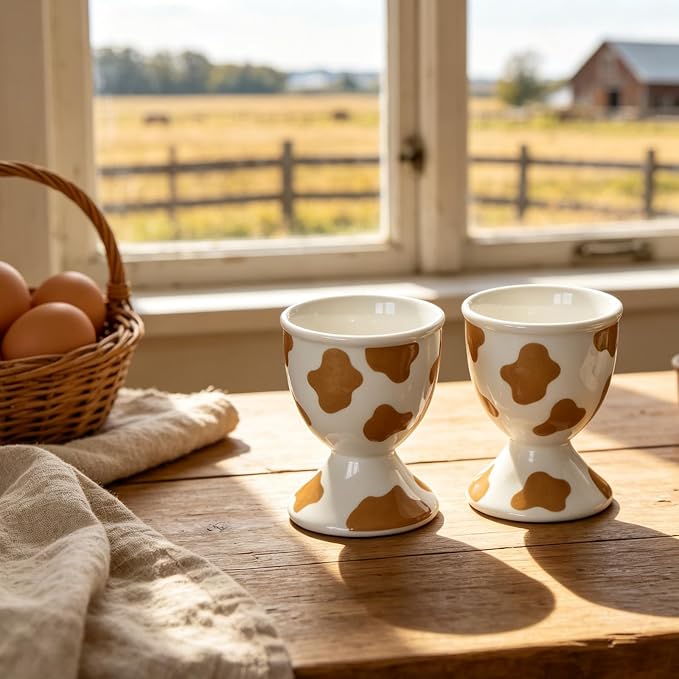 Cinf Ceramic Egg Cups, Set of 2, Mocha Cow Boiled Egg Holders for Breakfast | Set of 2 ceramic egg cups, classic white design, easy to clean, ideal for boiled eggs, breakfast serving and holiday gifting