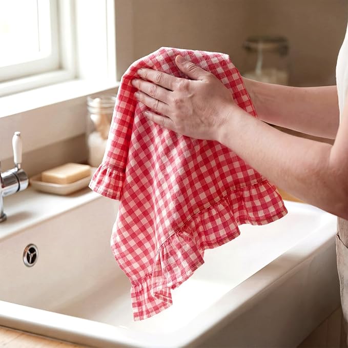 HunnmingRe 2 Pcs Watermelon Pink Gingham Kitchen Towels Cotton Ruffled | Checked Dish Towels 18"x28" Tea Cloths Plaid Cottage Core Kitchen Decor for Farmhouse Charm Drying Dishes Entertaining Guests