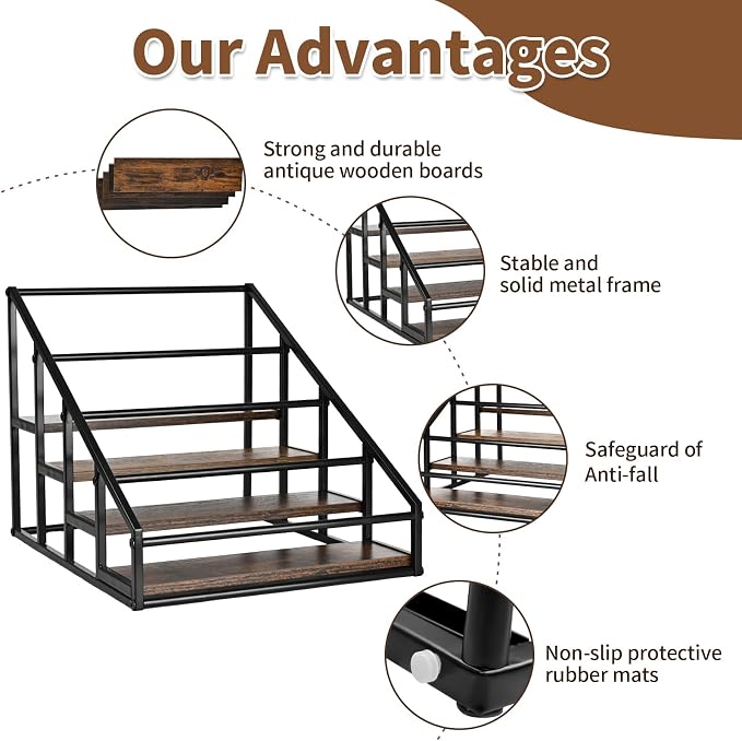 YQBRAO 2-Pack 4-Tier Coffee Syrup Organizer, 32-Bottle Total, Brown | Two racks hold up to 32 bottles total with stepped visibility for large coffee bars, kitchens, and beverage stations.