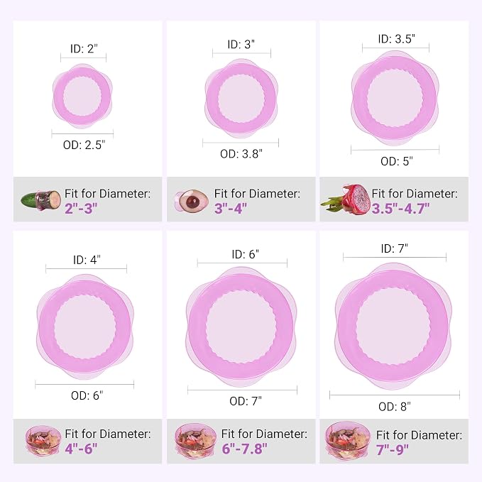Silicone Stretch Lids for Food Storage in Fridge, Reusable Elastic Bowl Covers for Cup, Cans, Jars, Round & Rectangle Container, Food Grade Silicone Microwave Food Cover, Purple, 6PCS