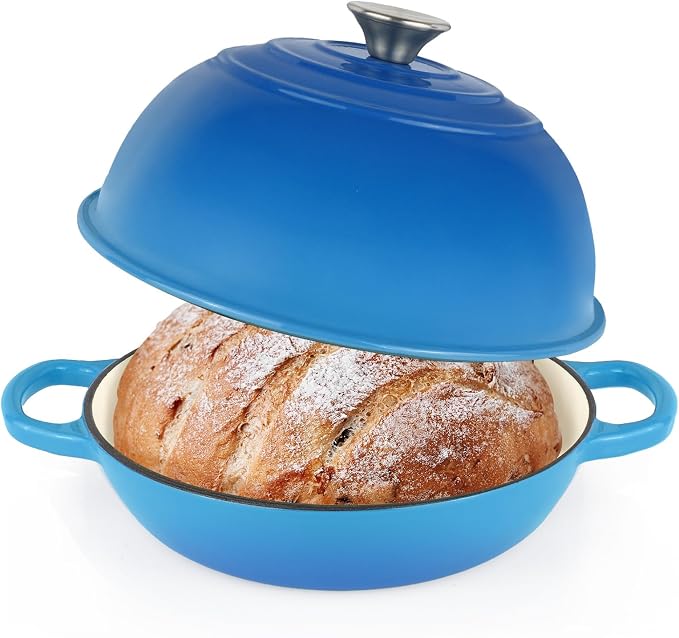 Enameled Cast Iron Bread Oven Dutch Oven Pot with Lid Blue | Bread Dutch Oven for Sourdough Bread Baking, 6 Quarts 10" Bread Pan with Dome Lid, Non-stick Cookware for Homemade Bread