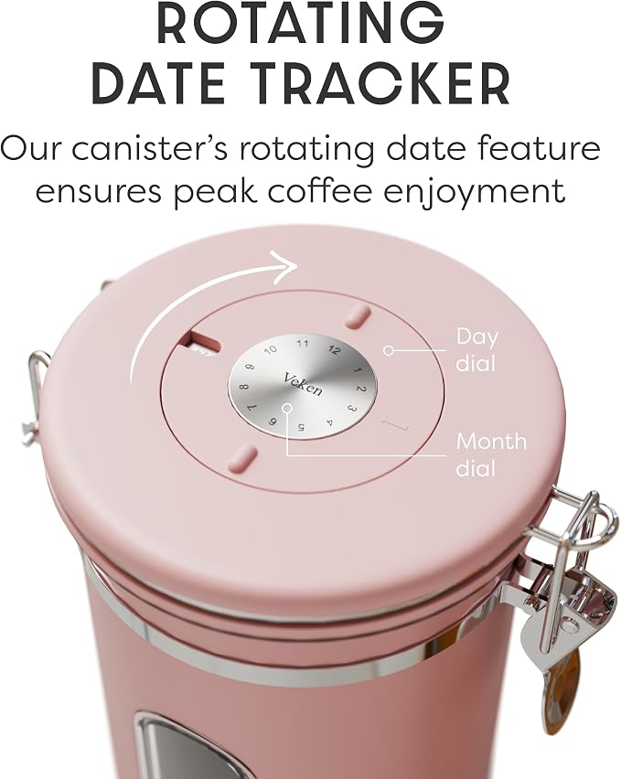 Veken Coffee Canister with Window, Airtight Stainless Steel Container,Date Tracker, Kitchen Food Storage Jars for Beans, Ground, Espresso, Rice,Tea, Sugar, Cereal, Gifts, Scoop, Pink, 22OZ (Pack of 2)