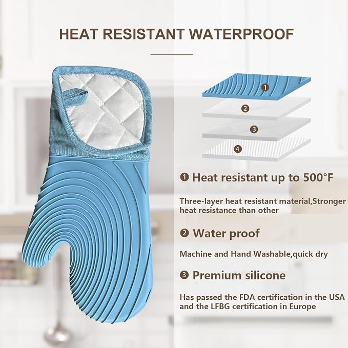 Silicone Oven Mitts-13.6 in Extended Oven Mitts Heat Resistant 500F, Oven Gloves with Soft Liner Good Grippy BPA-Free Easy to Clean Flexible-Oven Mits Set for Cooking Baking Grilling BBQ