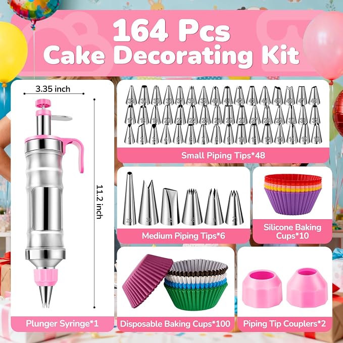 Cake Decorating Tools Supplies Kit: 164pcs Baking Accessories, Dessert Piping Syringe and Icing Tips Set - Puffs Cupcake Frosting Piping Bakery Set for Adults Beginners or Professional, Pink