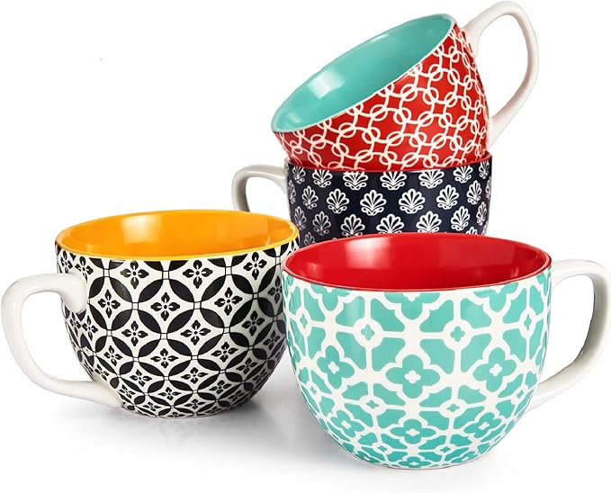 DOWAN 24 OZ Boho Mosaic Soup Mugs with Handle, Large Coffee Mugs Set of 4 | Six Design! Large Ceramic Mugs for Soup/Coffee/Cereal/Latte, Thanksgiving and Housewarming Gifts for Family and Friends