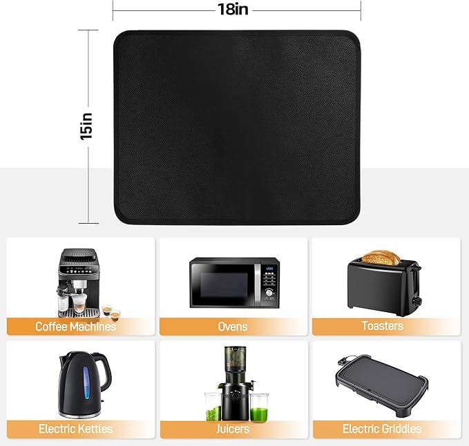 2 PCS Heat Resistant Mats for Countertop Air Fryer, 18x15in, Black | 1022 ℉ Fireproof mat, air fryer accessories for ninja, cosori, waterproof hot pads for kitchen toaster, oven, coffee maker