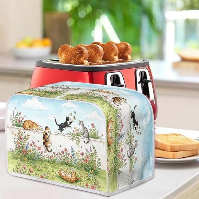 Cat Flower Print Bread Machine Cover 2 Slice Wide Slot Toaster Oven Dust Covers Anti Fingerprint Protective Cover for Kitchen