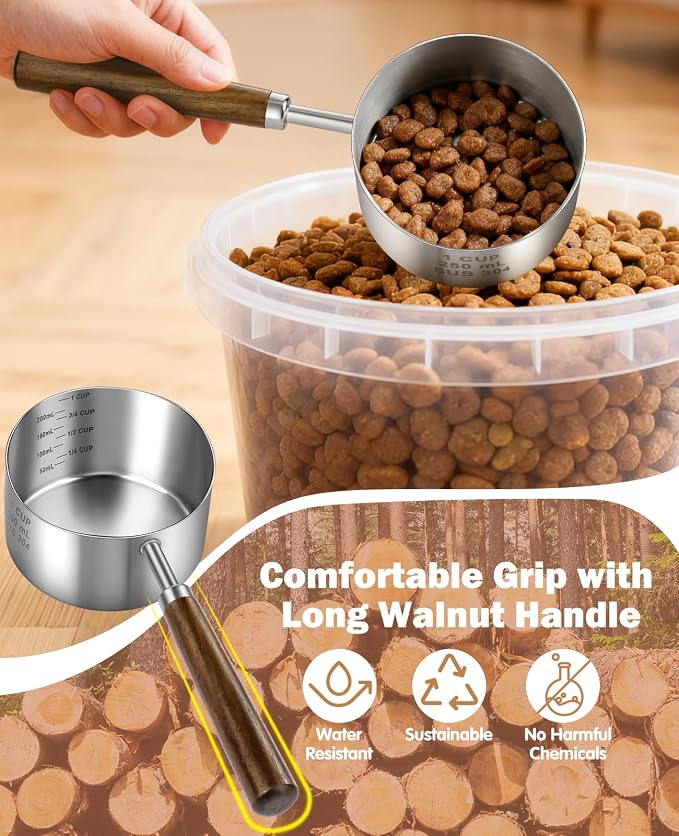 Stainless Steel Dog Food Scoop 1 Cup, Dog Food Measuring Cup With Measuring Lines (Cup/ML) & Long Wooden Handle, Metal Pet Food Scoop For Dogs, Cats and Kitchen Use, Dishwasher Safe
