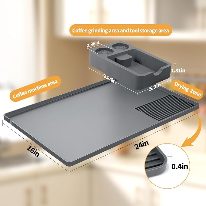 Silicone Coffee Mat and Espresso Tamping Mat, Detachable Espresso Coffee Bar Accessories, Coffee Bar Mat Suitable for Use Under coffee Maker, Dish Drying Mat for Kitchen Countertop Protector Mat, Grey