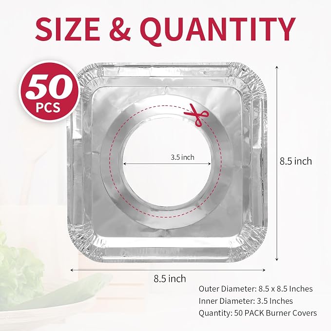 50pc Aluminum Gas Stove Burner Covers -Thicker Foil Square Burner Liners - Disposable Gas Range Protectors, 50 Pack（Outer diameter: 8.5 x 8.5 inch）