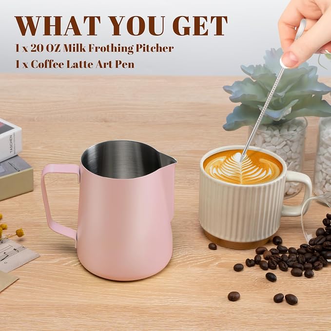 Amrules Milk Frothing Pitcher 20oz Frother Cup Barista Tools, Pink | 18/8 Stainless Steel, 20oz Capacity with Clear Scale, with Decorating Pen, Ergonomic Handle, for Cappuccino, Latte & Espresso