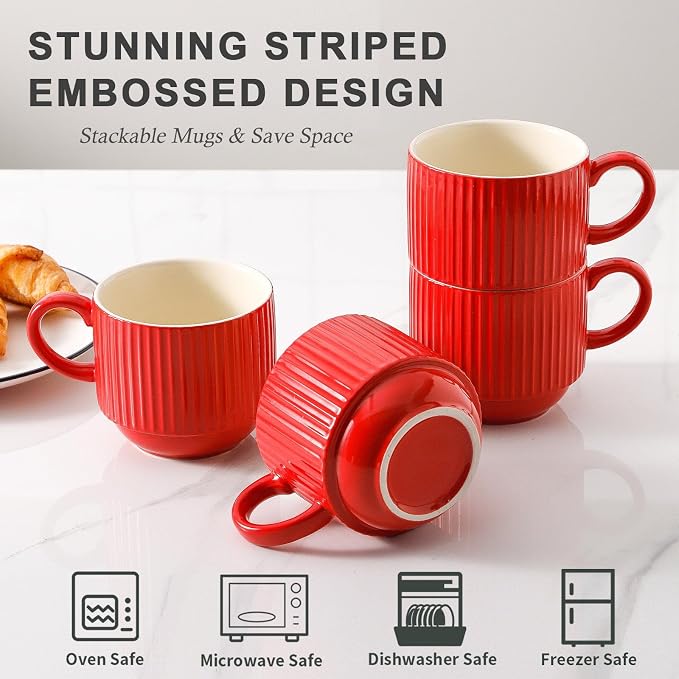 HASENSE Red Coffee Mugs, 15 oz Stackable Coffee Cups Set of 4 with Rack - Ceramic Large Ribbed Modern Latte Cup Set for Cappuccino, Tea, Hot Cocoa, Drinks - Dishwasher & Microwave Safe